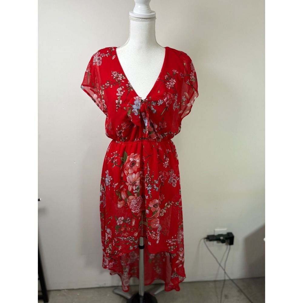 AUW Red Floral High Low Maxi Dress V-Neck Tie Front Short Sleeve L